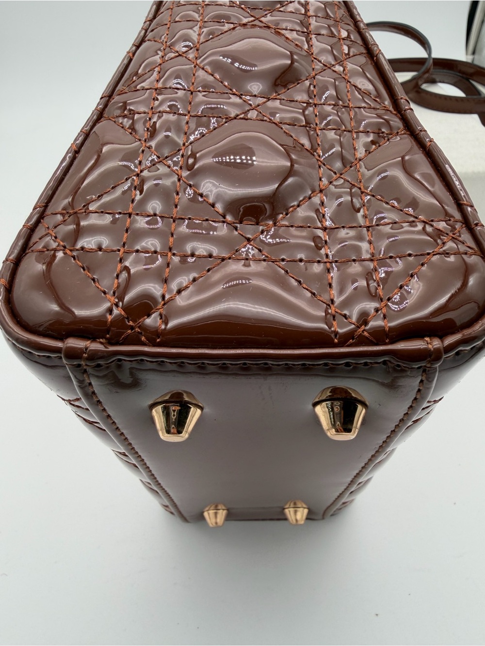 Beautiful, Brown Patent leather mini Bag with Gold Charm - Picture 10 of 15
